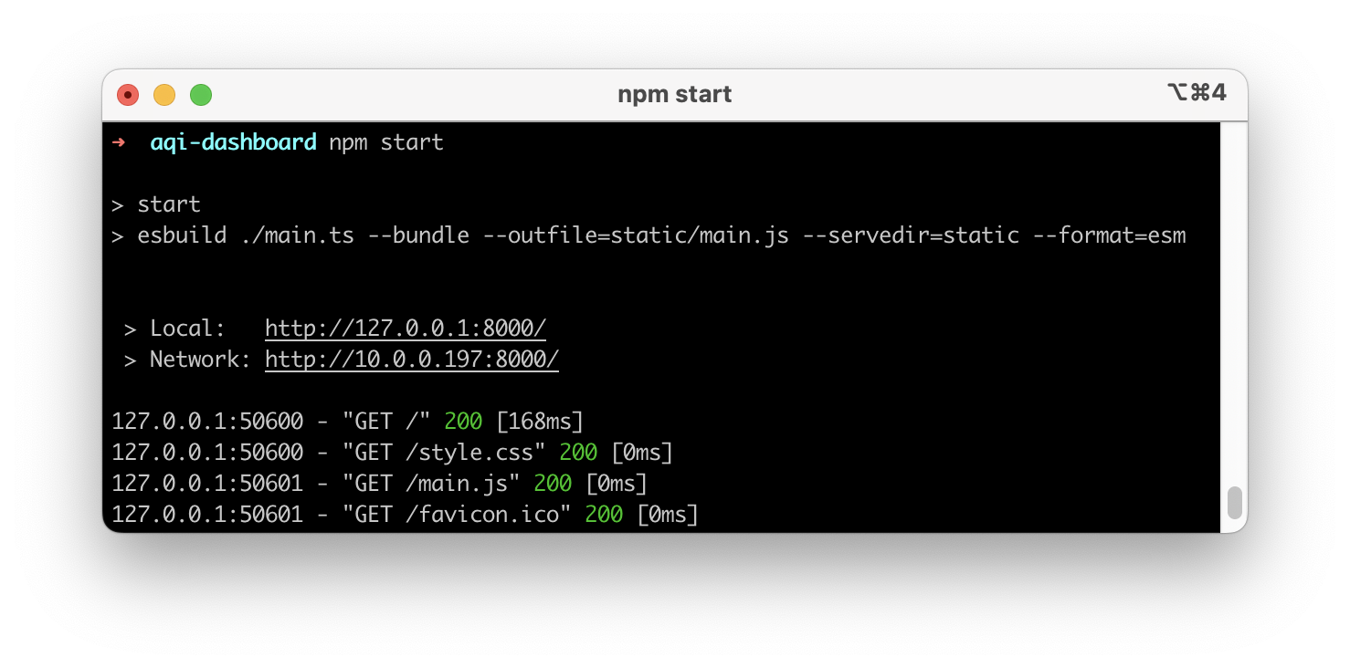 Terminal window with the command ’npm start’ run inside the aqi-dashboard folder. The output says ‘start’ and then ’esbuild’ followed by the esbuild string from the package.json file you configured. Then there’s ‘Local:’ followed by a URL and ‘Network:’ follwed by a different URL.