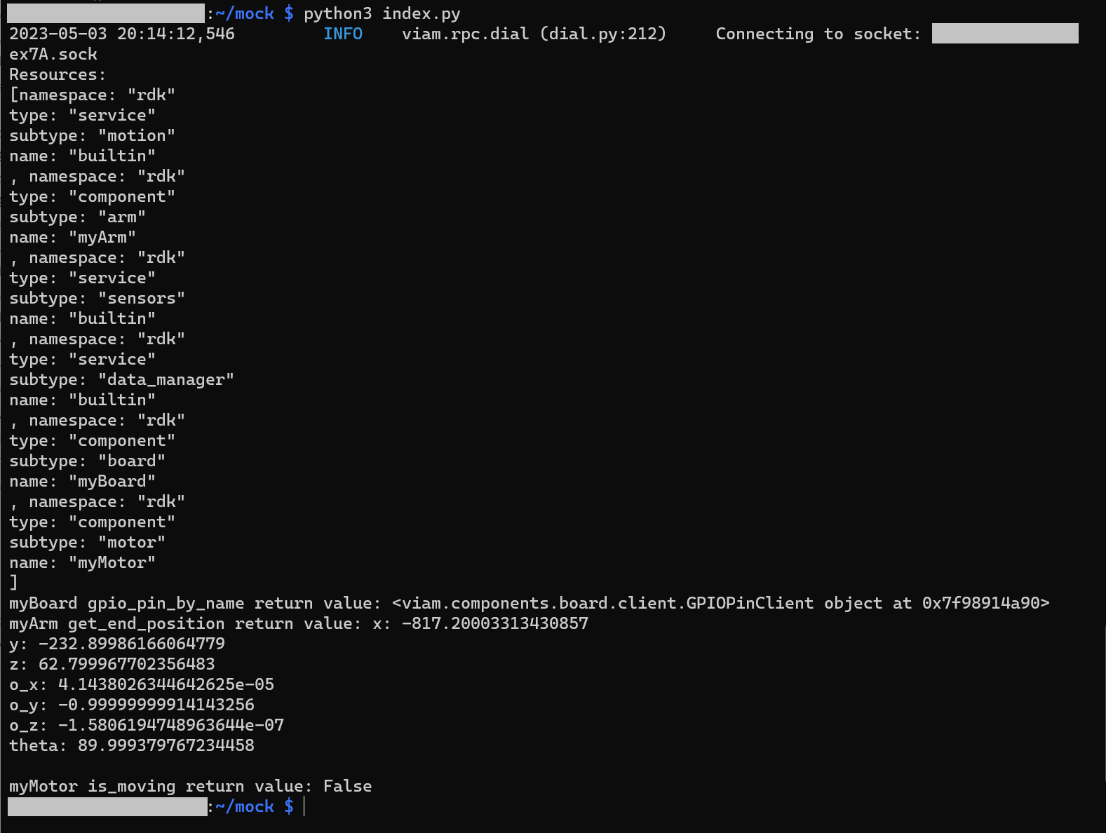 Command line output from running python3 index.py when your Raspberry Pi has correctly connected and initialized with the Viam app. The output is an array of resources that have been pulled from the Viam app. The list includes the motion service, arm component, data manager, board component and motor component. There is also a list of arm position and orientation values.