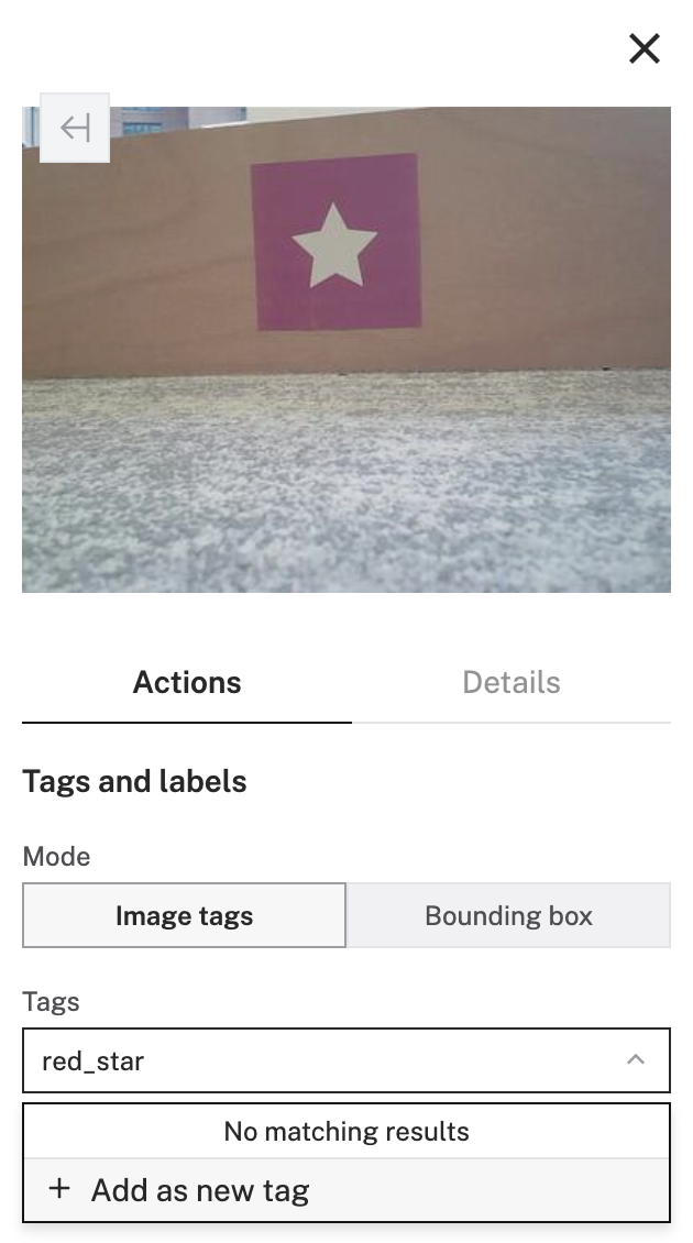 The tags and labels configuration pane of a selected image, with the text red_star entered as the tag
