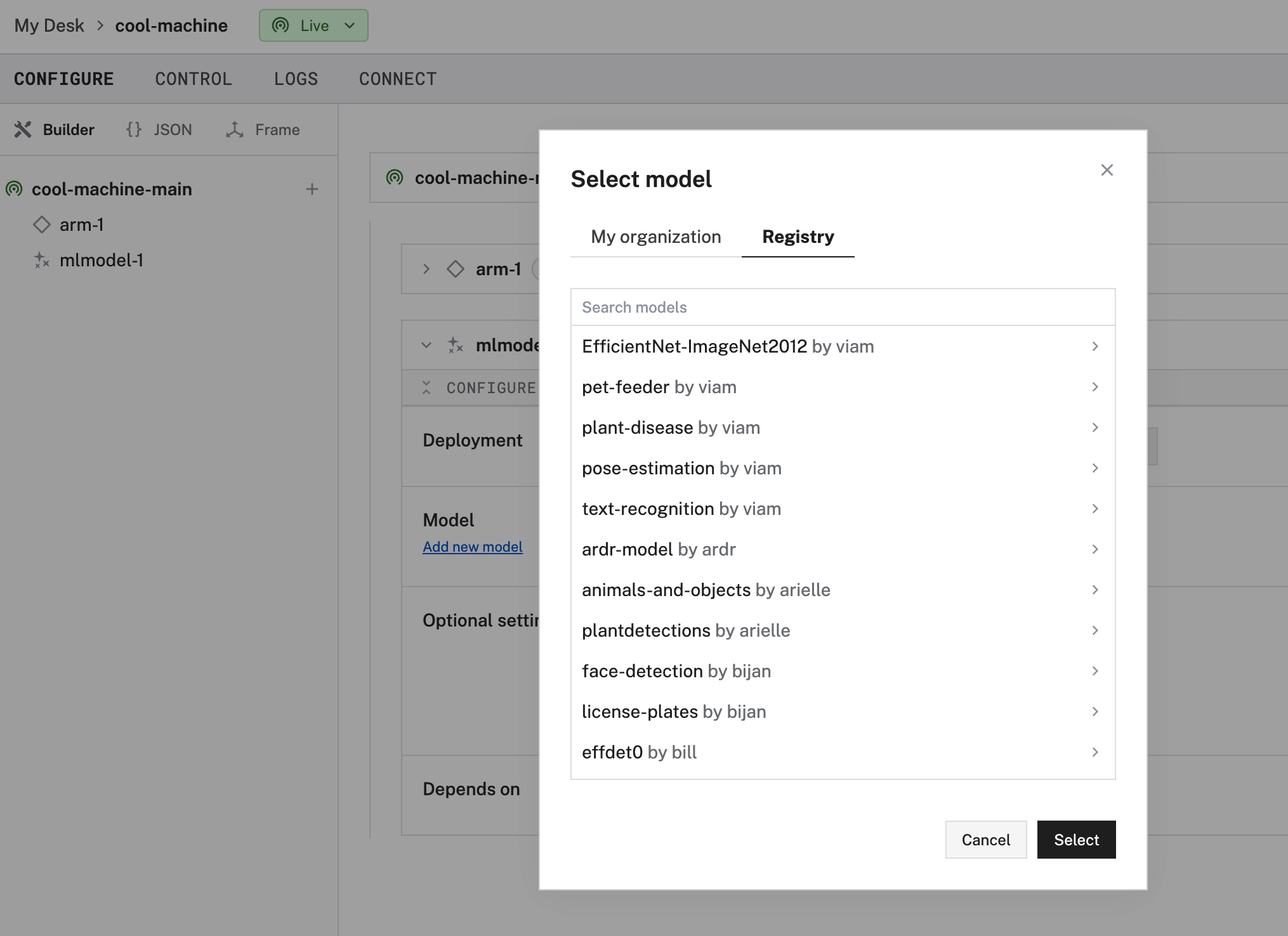 The ML model service configuration modal.