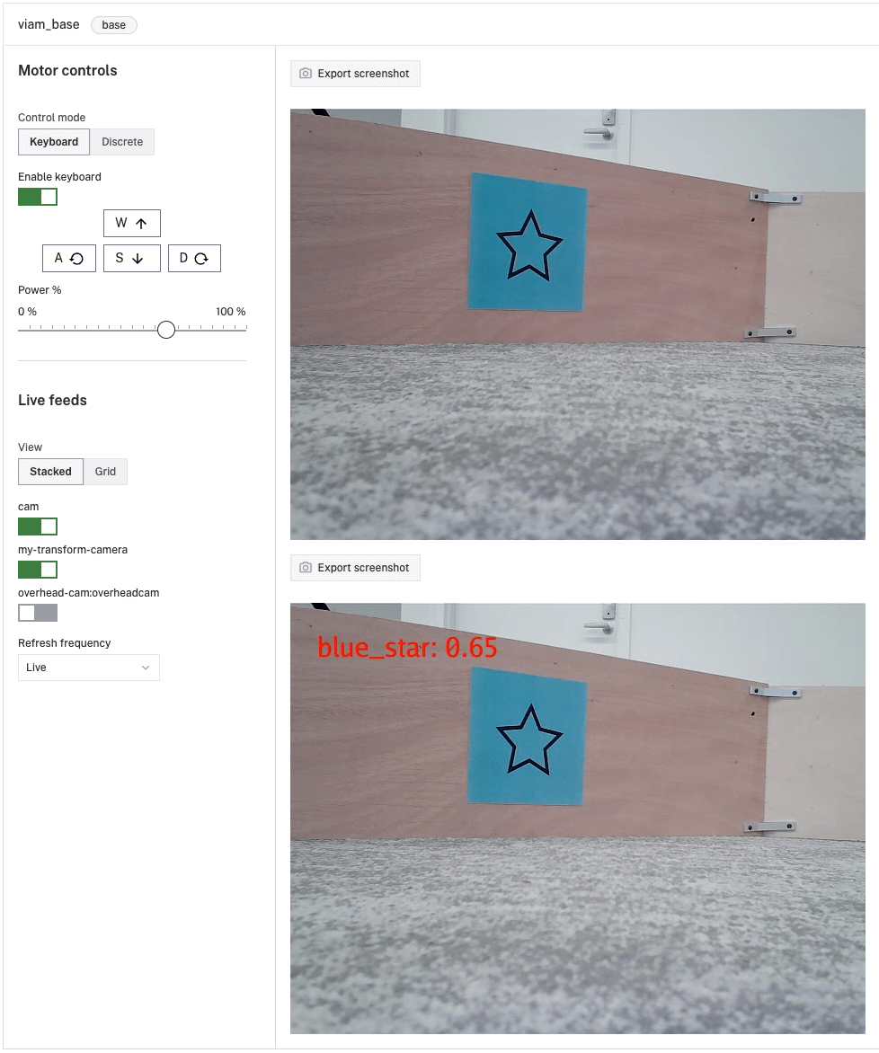 The control tab for a rover showing a live camera feed with the transform camera overlay indicating an object match for the blue_star tag