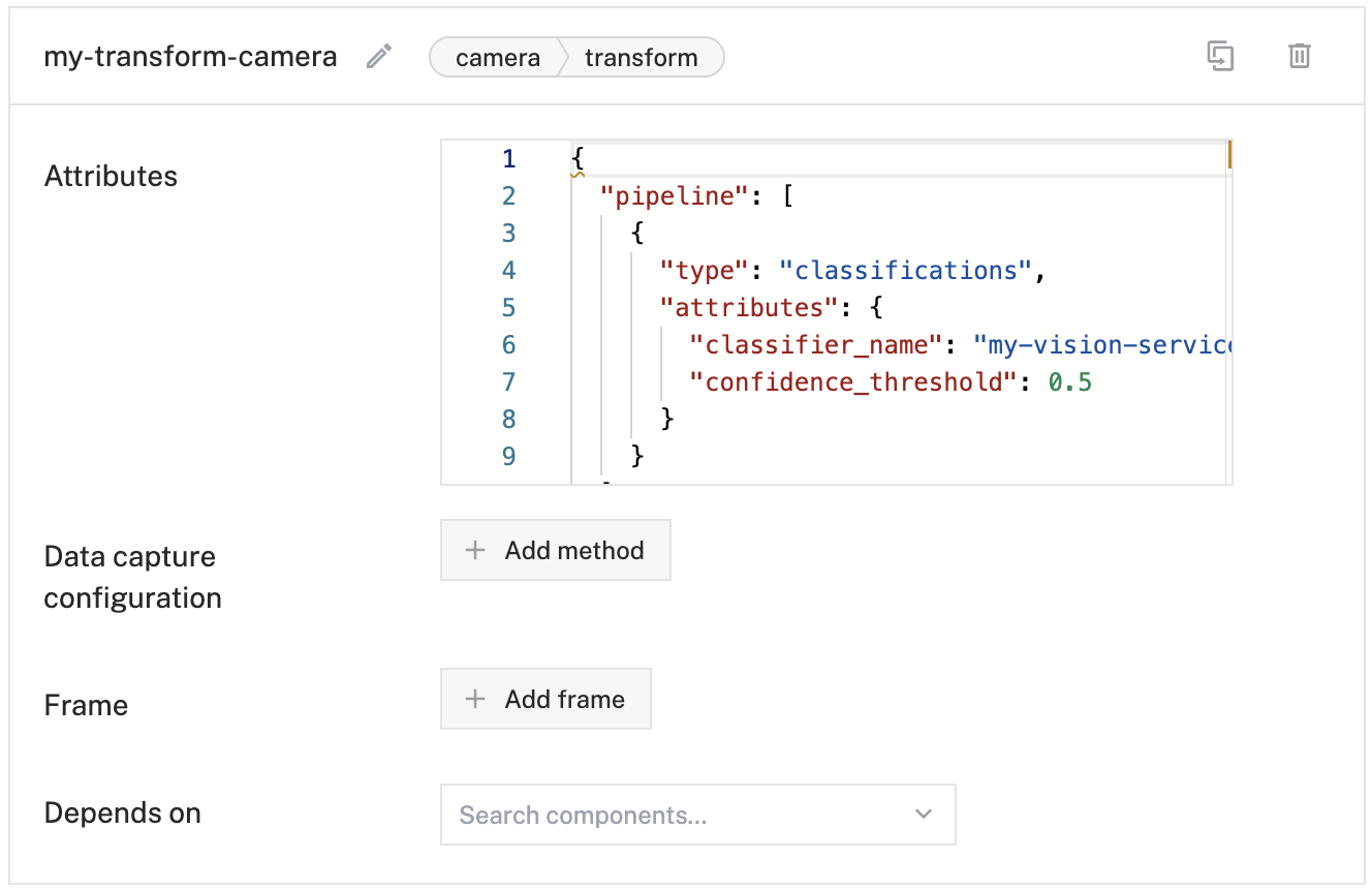 The transform camera component configuration pane showing the required attributes entered