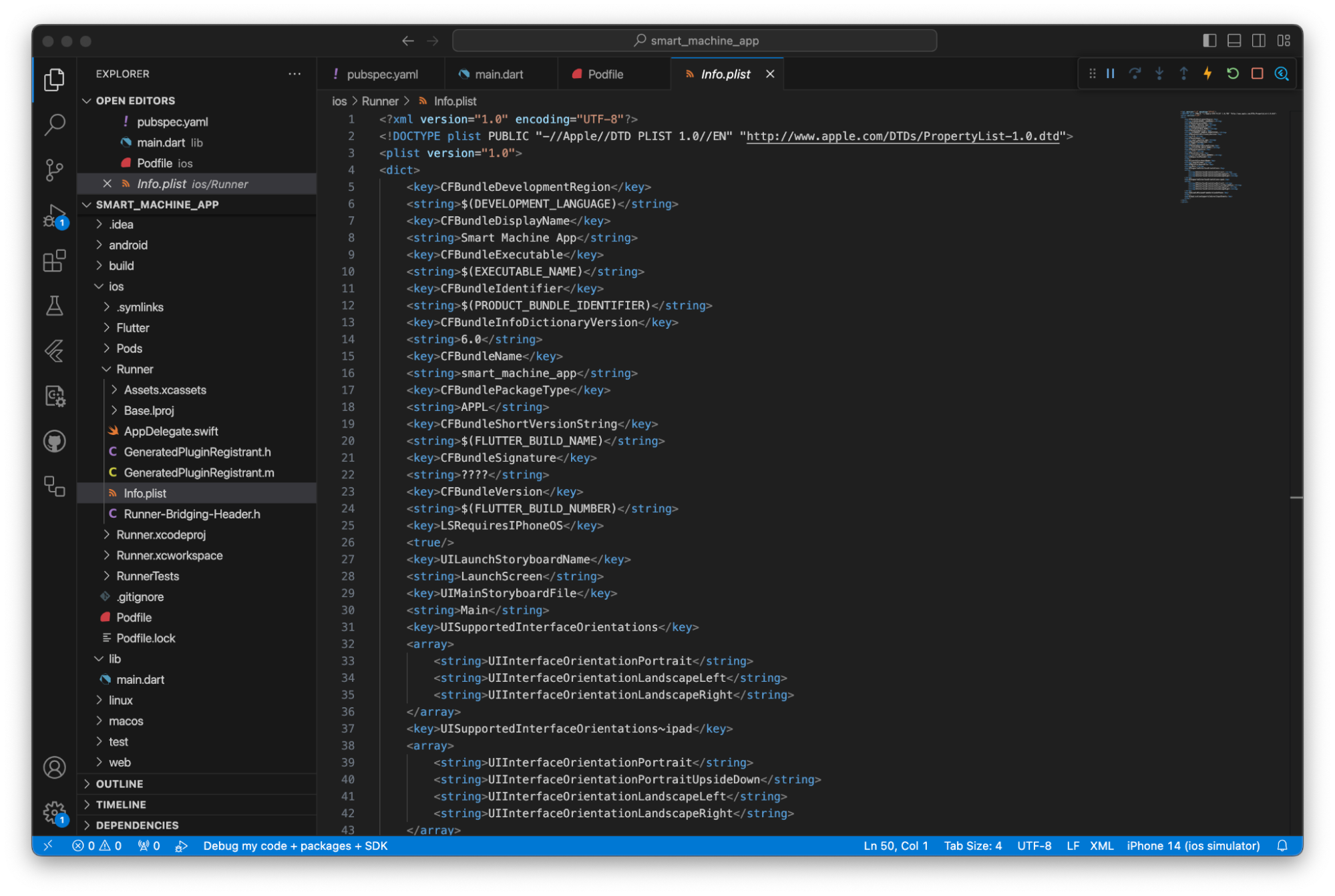 The info.plist file open in VS Code. The second line includes 'doctype plist public' and an Apple URL. The fourth line is a dict tag. The fifth line is a key, and subsequent lines contain keys, strings and arrays.