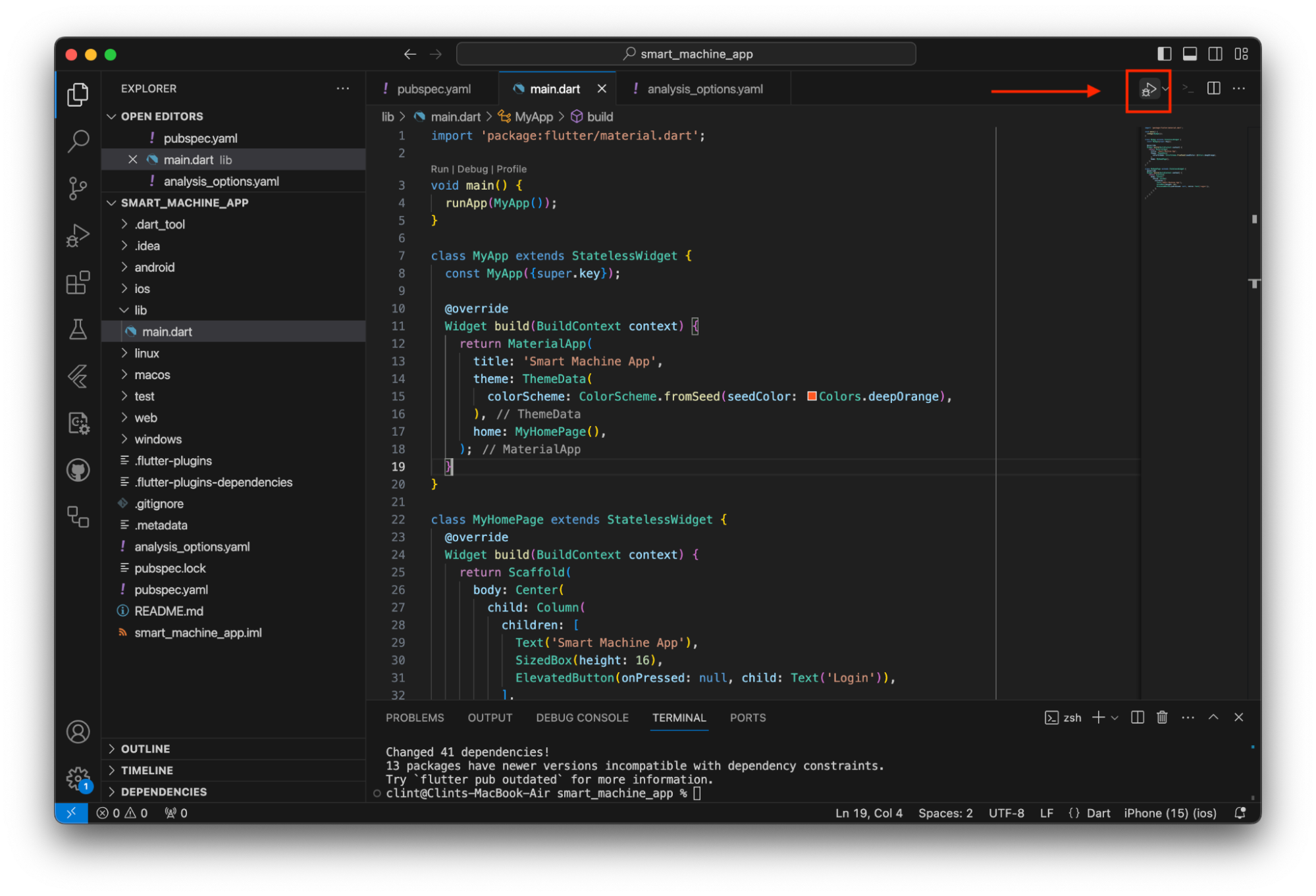 A VS Code window with main.dart open. In the top right corner, there is a button labeled 'Start Debugging' with an icon of a bug and a 'play' symbol.
