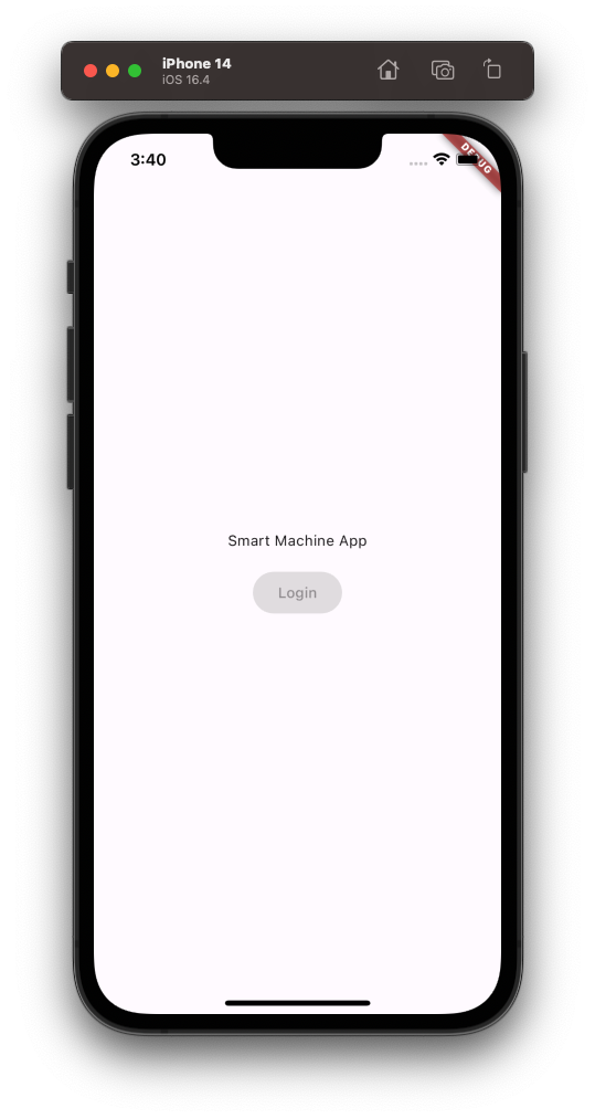 Rendering of an iPhone with the app open on the screen. The screen is white with the words 'Smart Machine App' in the middle, above a grayed-out login button.