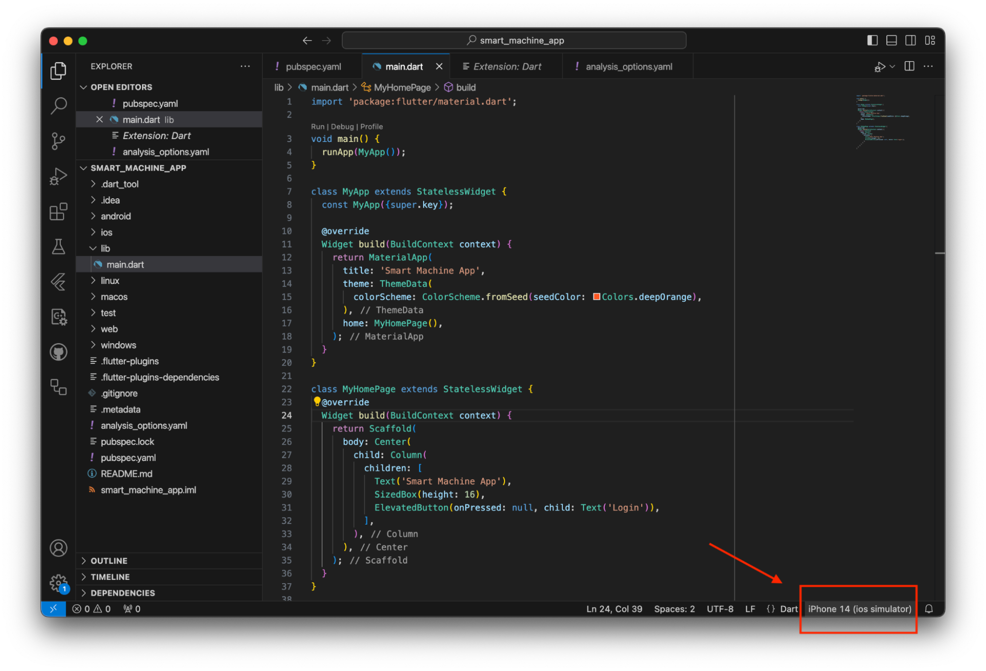 A VS Code window with main.dart open. In the bottom right corner, there is a target device button labeled 'iPhone 14 (ios simulator)'.