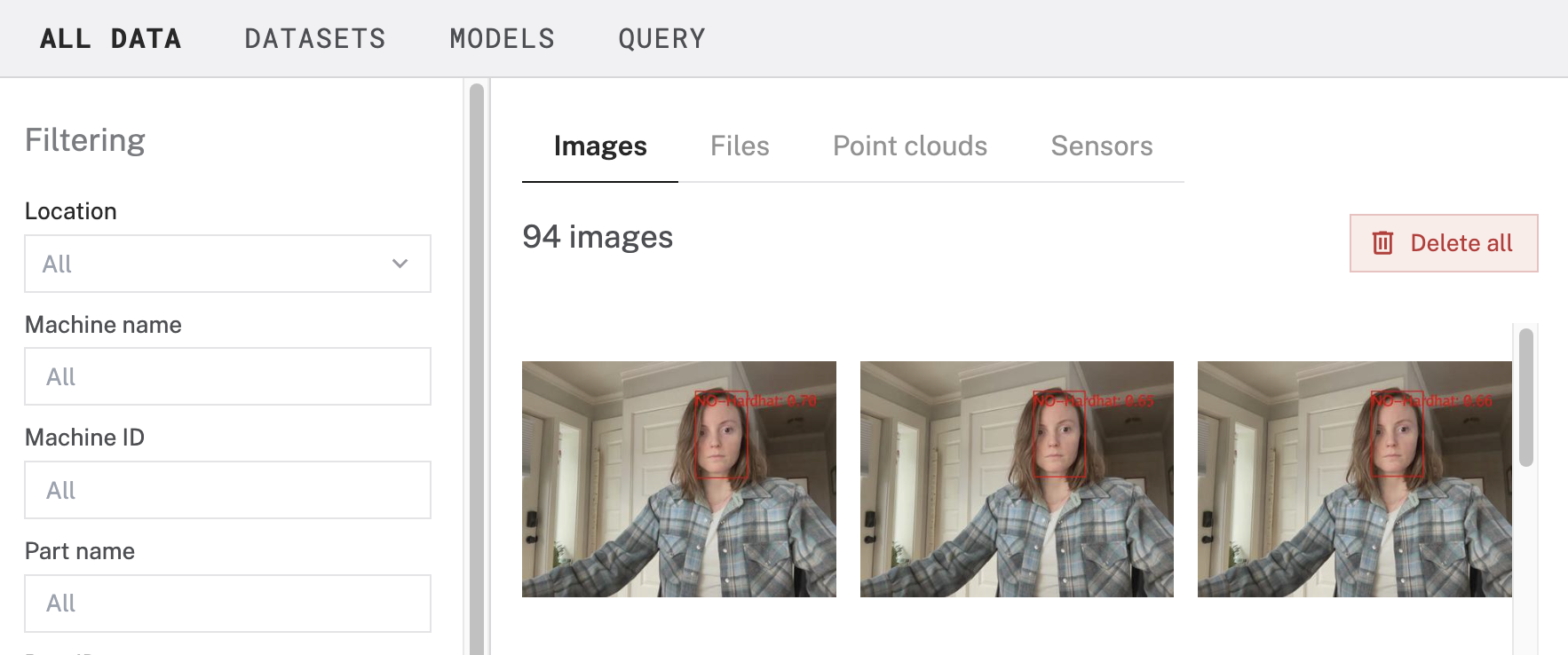 The data manager page in the Viam app, displaying three images of a person with a bounding box labeled NO-Hardhat around her face.