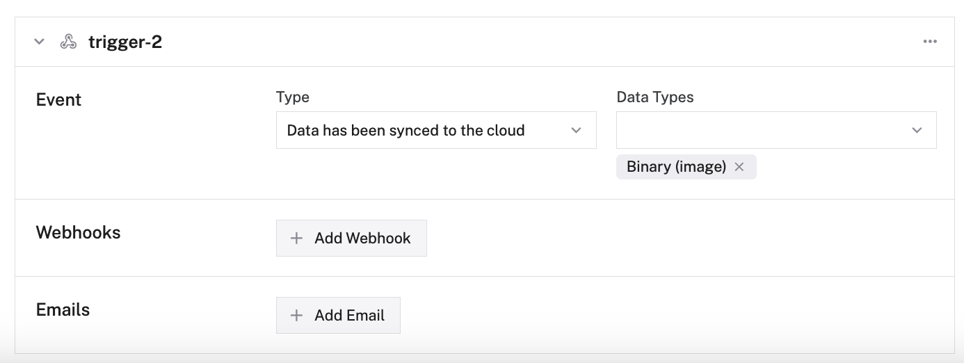 The trigger created with data has been synced to the cloud as the type and binary (image) as the data type.