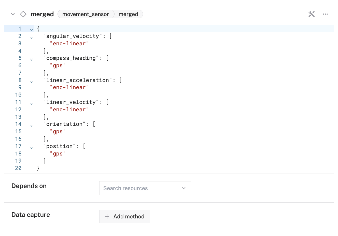 An example configuration for a merged movement sensor in the Viam app Config Builder.