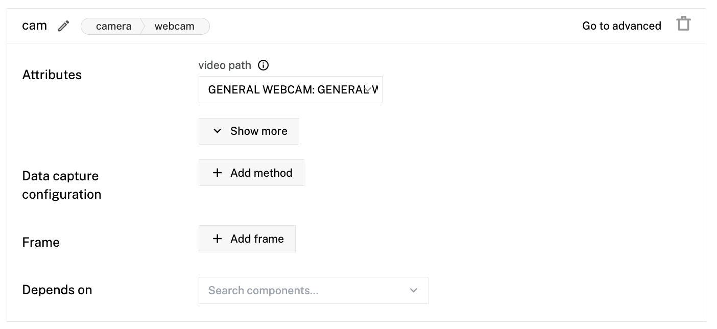 The Viam app showing the configuration page for a camera component with model webcam.