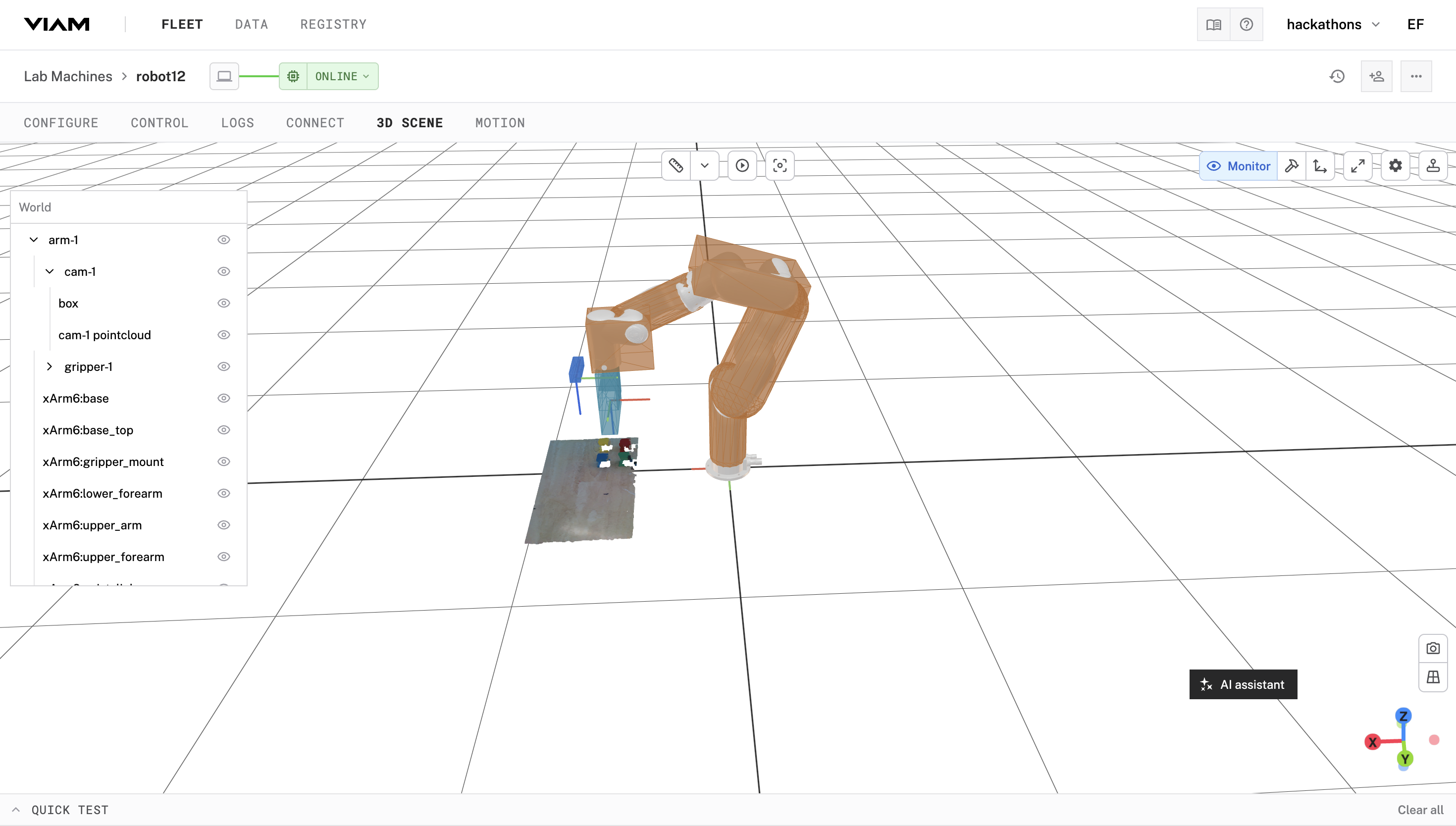 The 3D scene tab showing the arm at the world origin with coordinate frames for cam-1 and gripper-1 near the wrist.