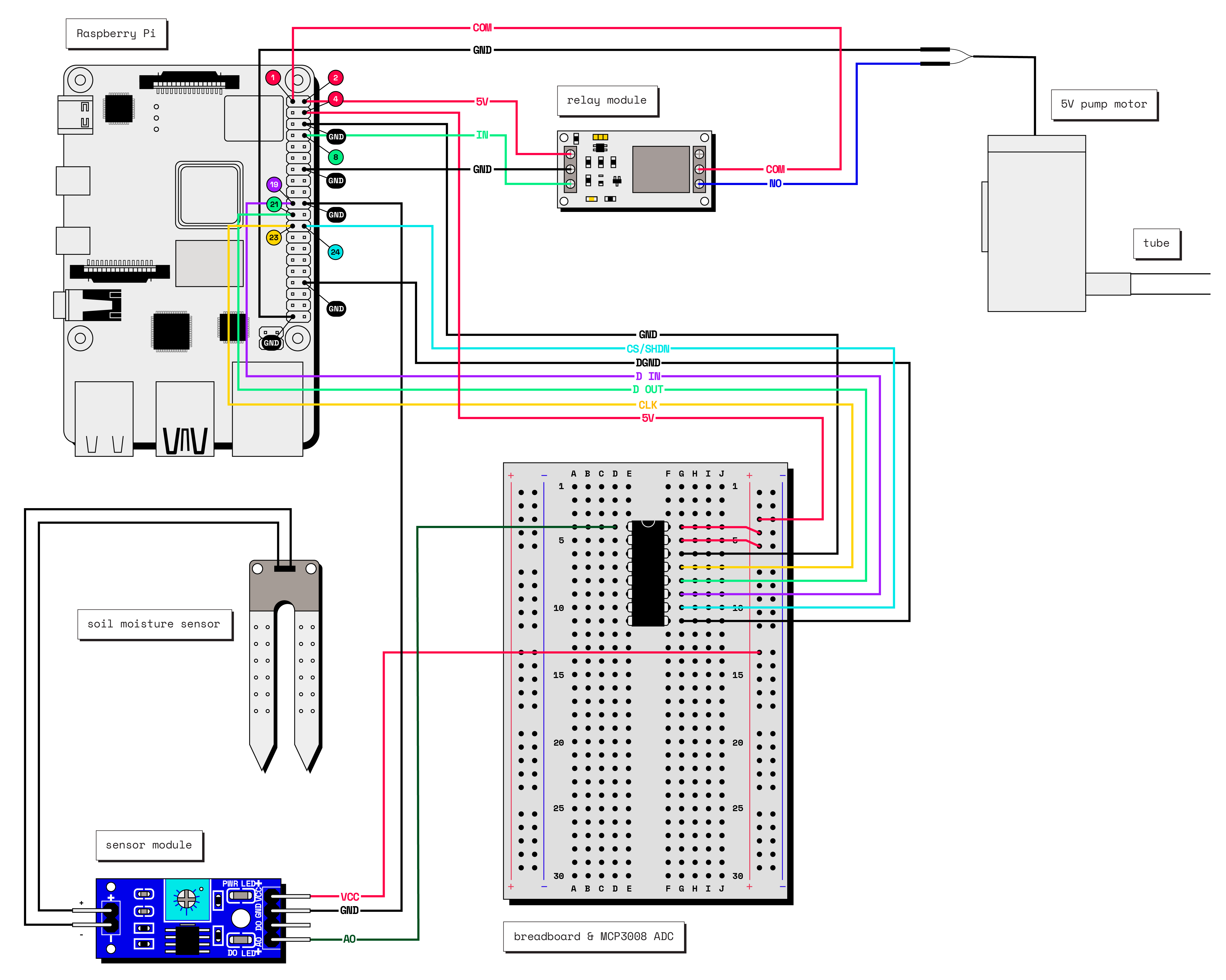 The full wiring diagram for all the hardware for the Plant Watering Robot.
