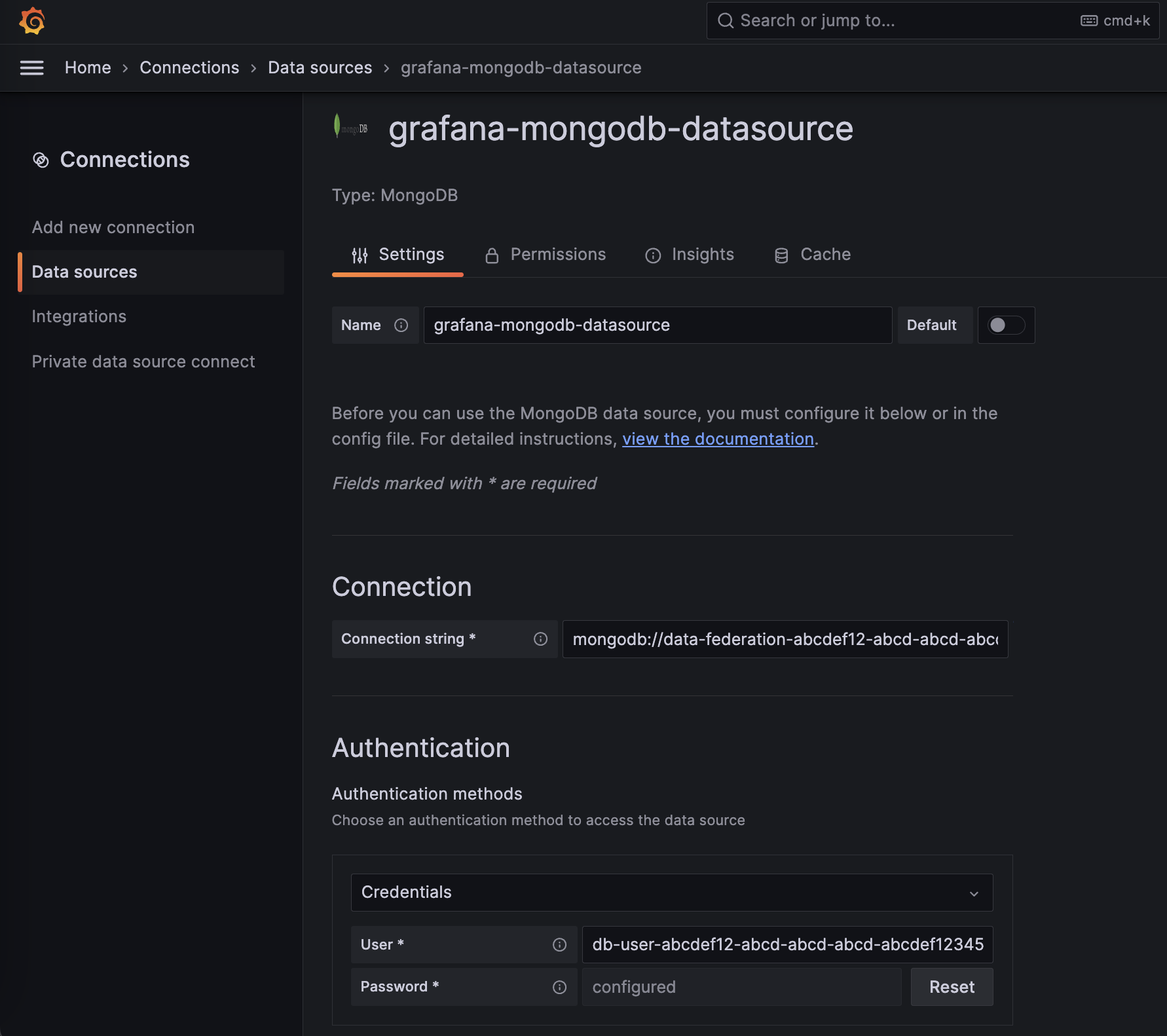The Grafana data source plugin configuration page, showing the connection string and username filled in with the configuration determined from the previous steps