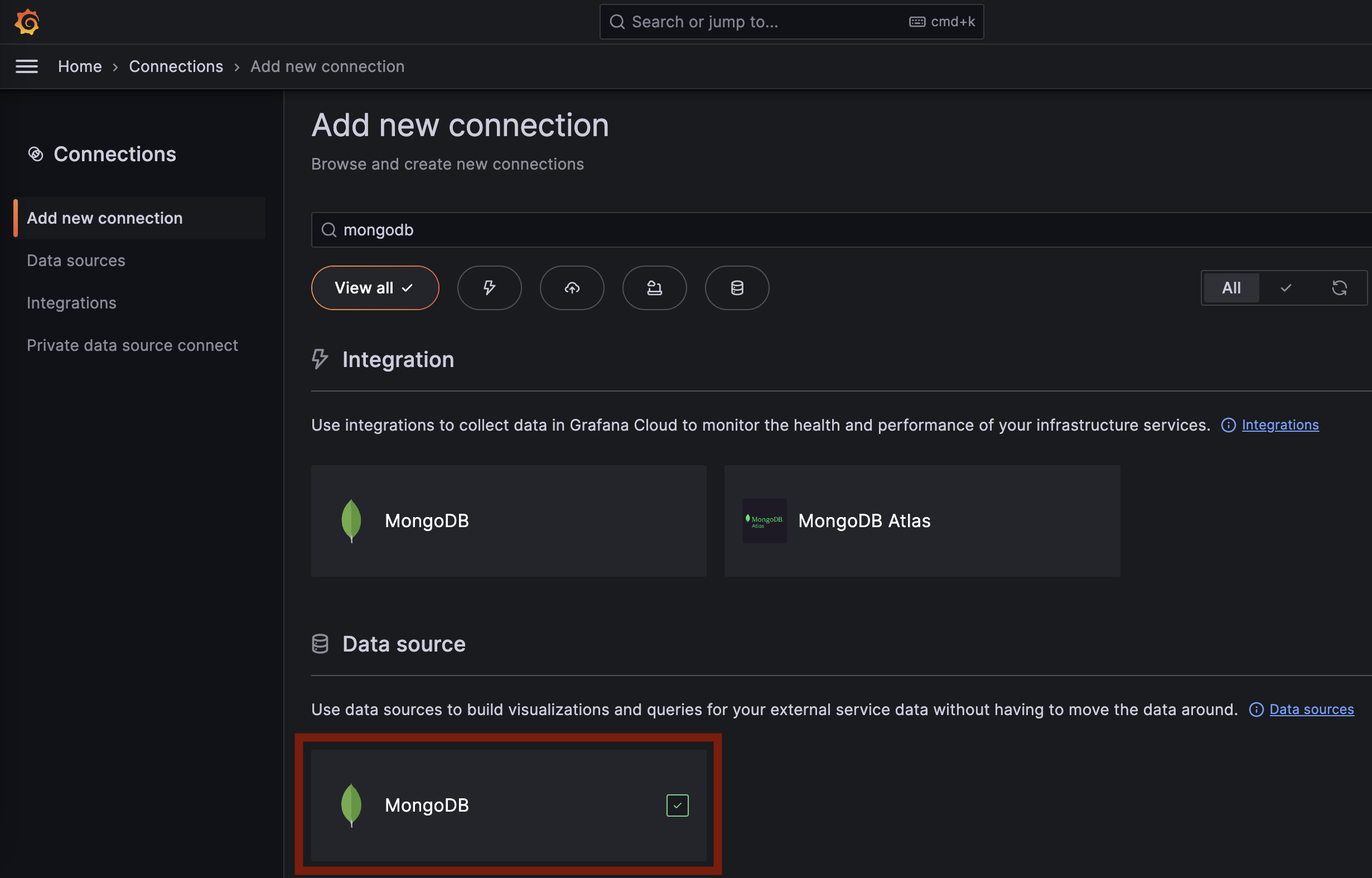 The Grafana configuration page for adding a new connection, with the MongoDB data source shown