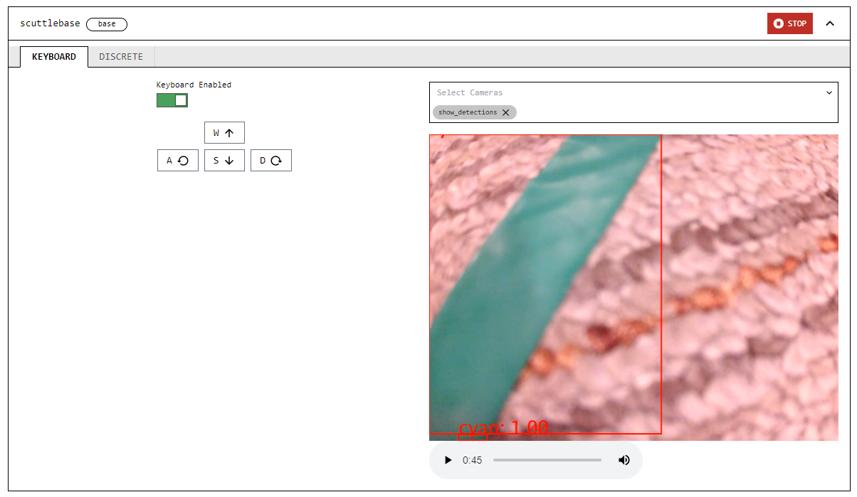 A screenshot of the CONTROL tab showing the base card with the show_detections transform camera stream displayed. A green line crosses the left portion of the camera image, and a red box around it is labeled “cyan: 1.00”.