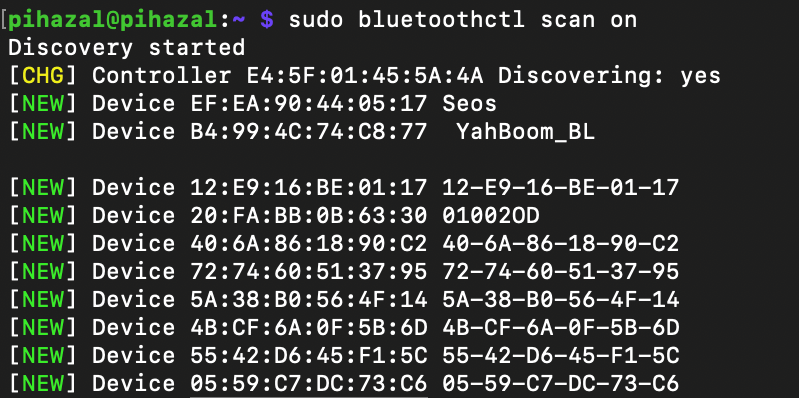 A screenshot of a Raspberry Pi terminal with the following command: sudo bluetoothctl scan on. The results of the command are displayed: a list of device MAC addresses.