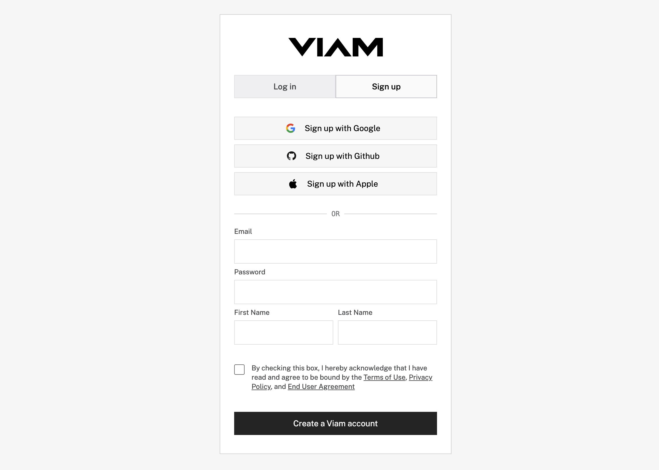 Viam app signup screen